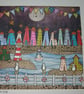 Quirky art, coastal art colourful houses original artwork, seaside harbour art