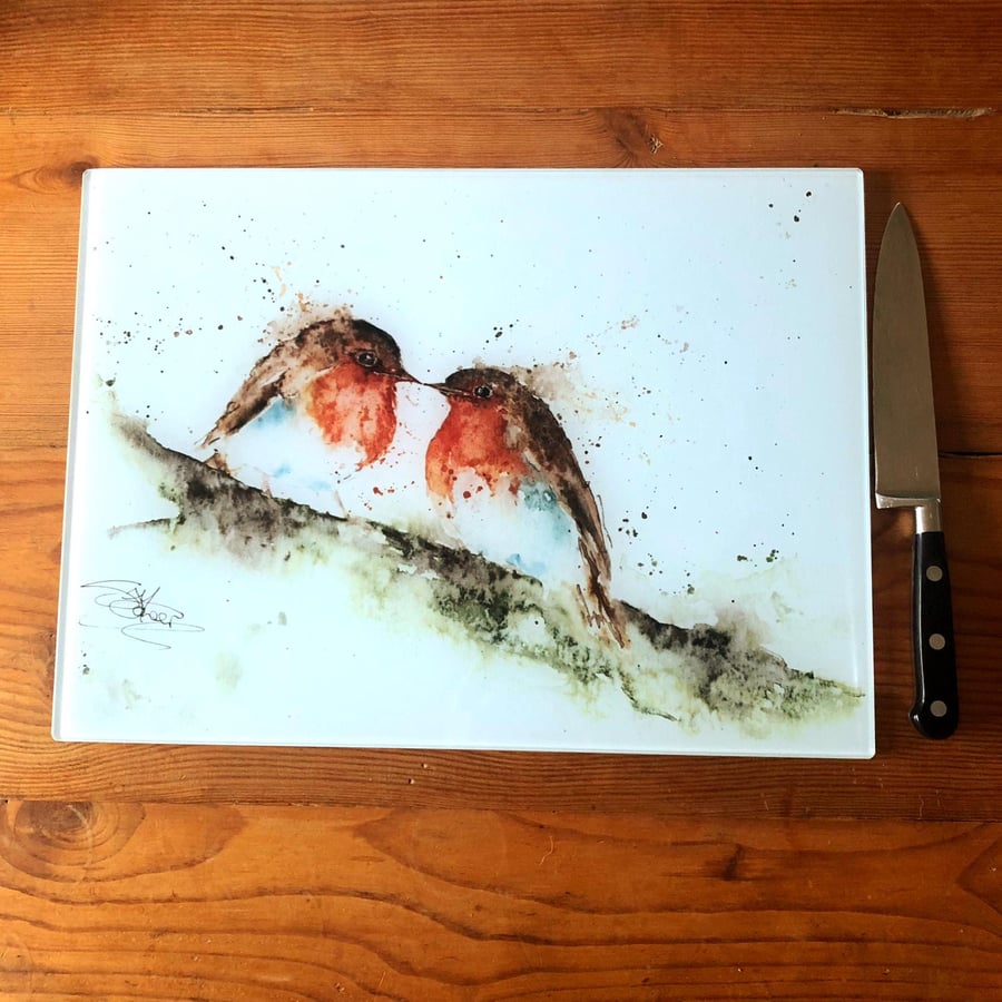 Robins Kiss Glass Chopping Board, Kitchen Worktop Saver, Table Mat, Cutting Mat.
