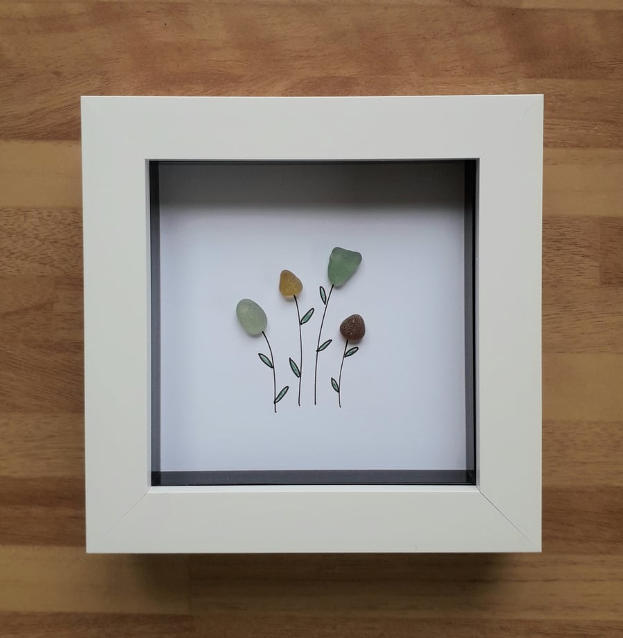 Beach Glass Floral Art Framed 5 x 5", Spring Flowers Sea Glass Picture