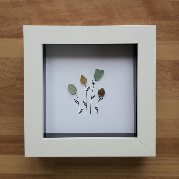 Beach Glass Floral Art Framed 5 x 5", Spring Flowers Sea Glass Picture