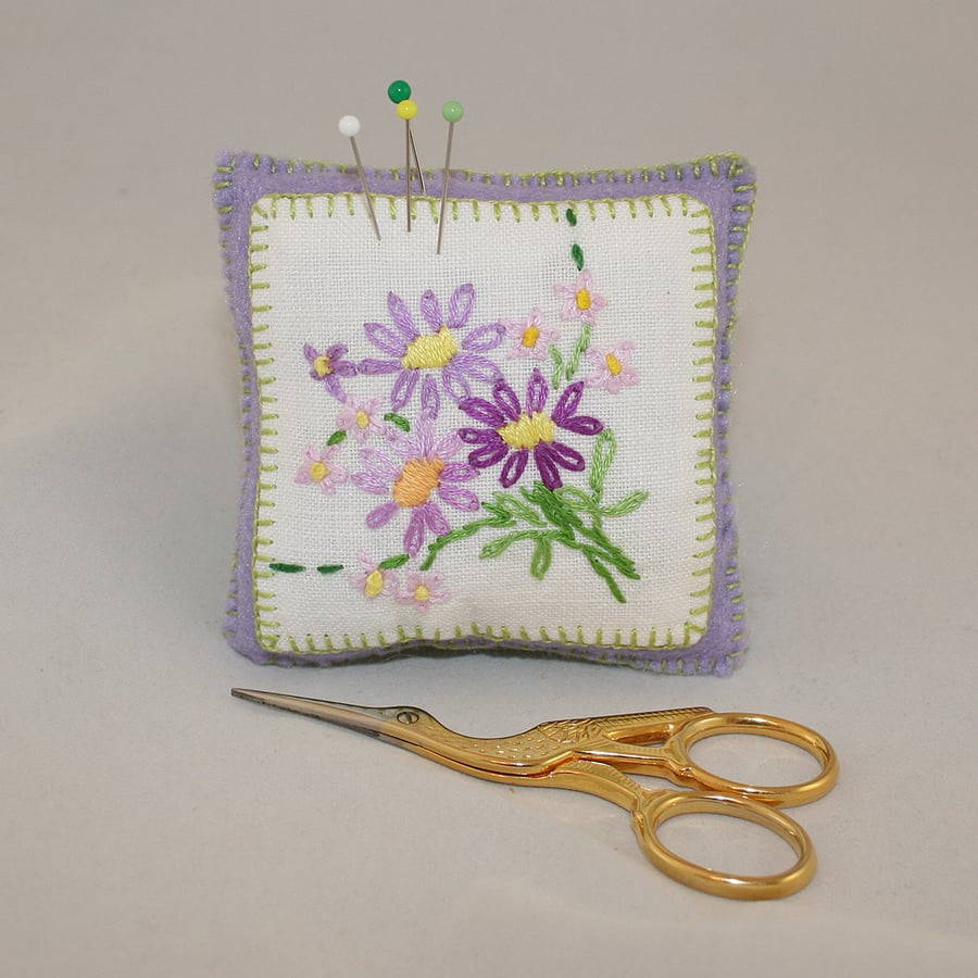 Pin Cushion - lilac daisies from vintage linen