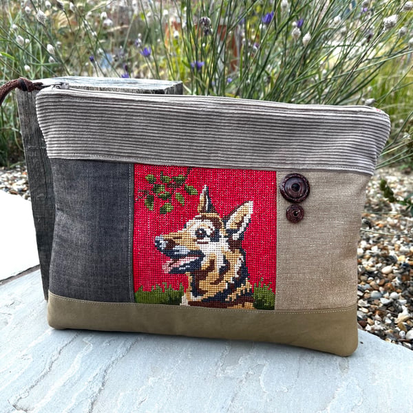 Dog cross stitch large soft pouch with corduroy & floral lining