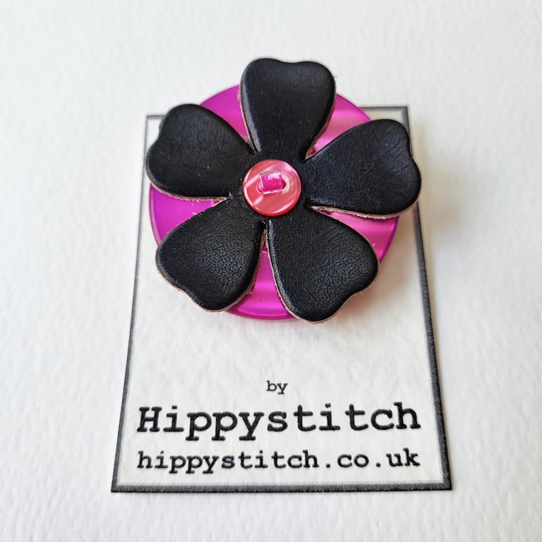Black Leather Flower & Fuchsia Pink Button Brooch 
