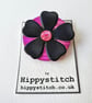 Black Leather Flower & Fuchsia Pink Button Brooch  - Image 1
