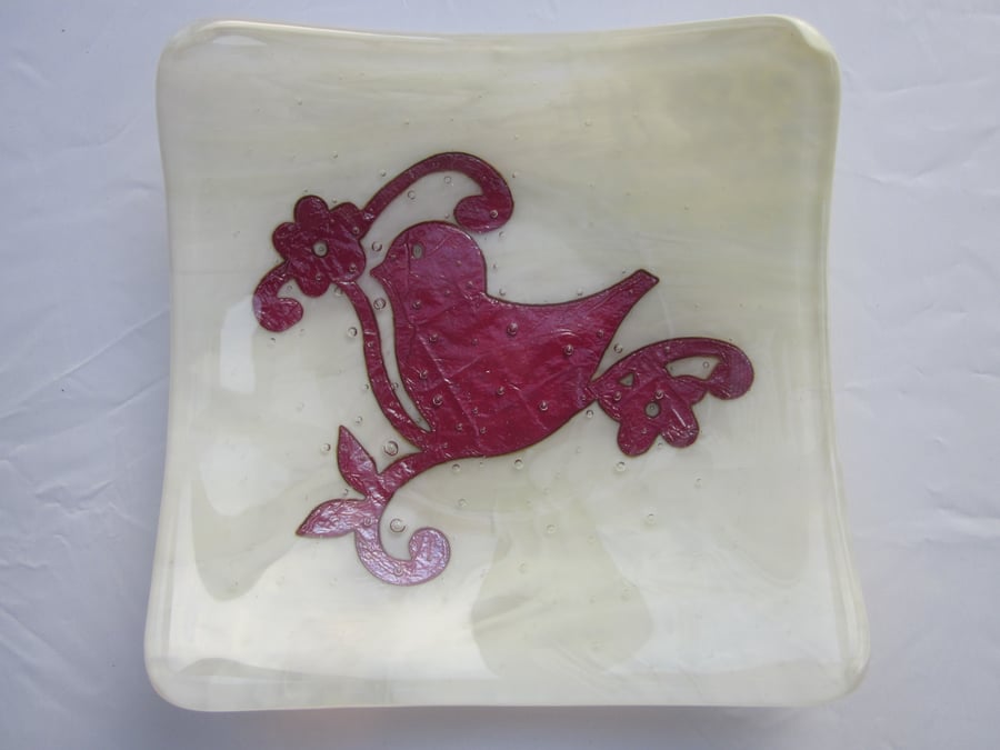Handmade fused glass candy bowl - copper bird on vanilla cloud