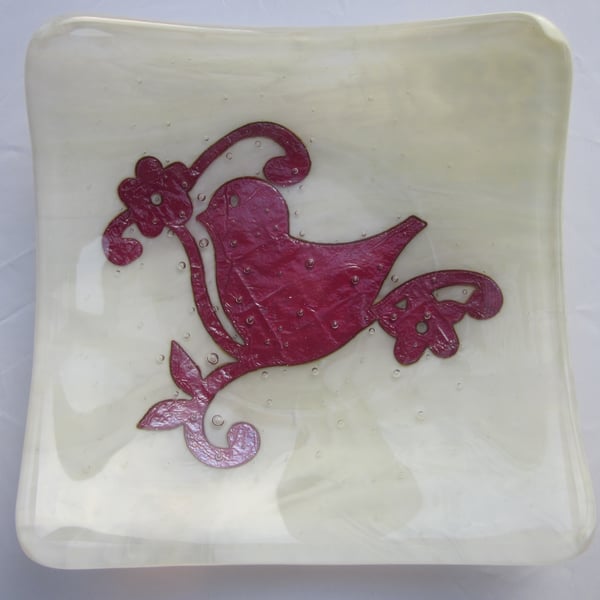 Handmade fused glass candy bowl - copper bird on vanilla cloud