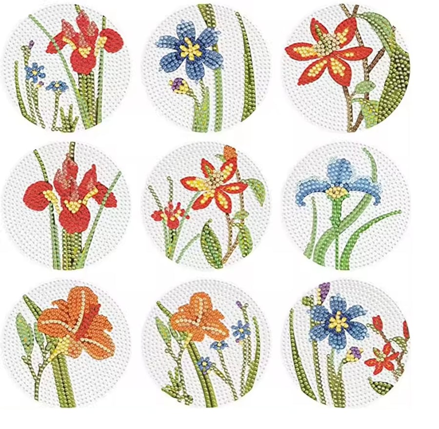 Flower Coasters, 9 PCS 5D Diamond Painting Coasters Kit, Floral Flower Coasters,