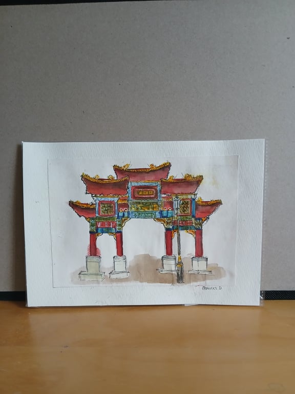 Liverpool China town arch A5 original watercolour painting
