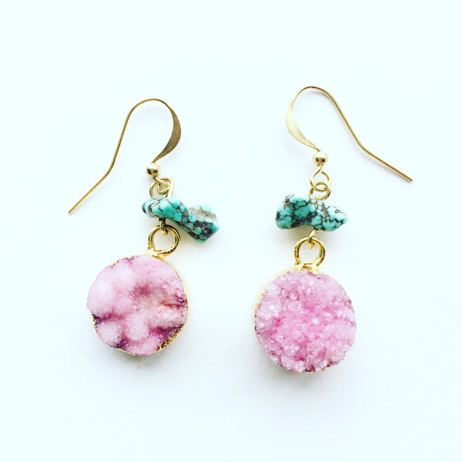 Rita Pink Druzy Turquoise and Gold Vermeil Drop Earrings