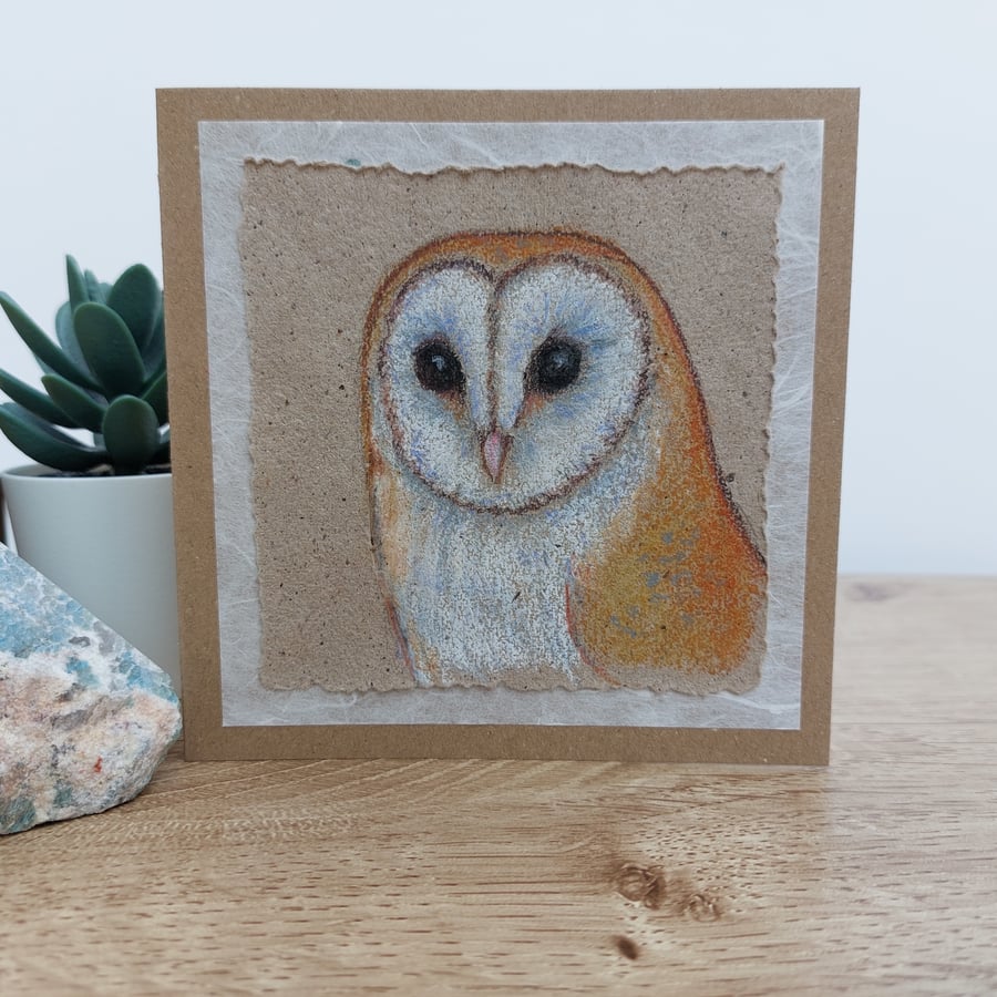 Hand drawn Barn Owl Blank Greetings Card. Unique Card for Wildlife Lovers