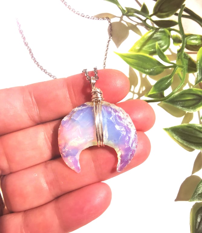 Moon necklace Opalite silver stone pendant, pretty silver necklace gift for her,