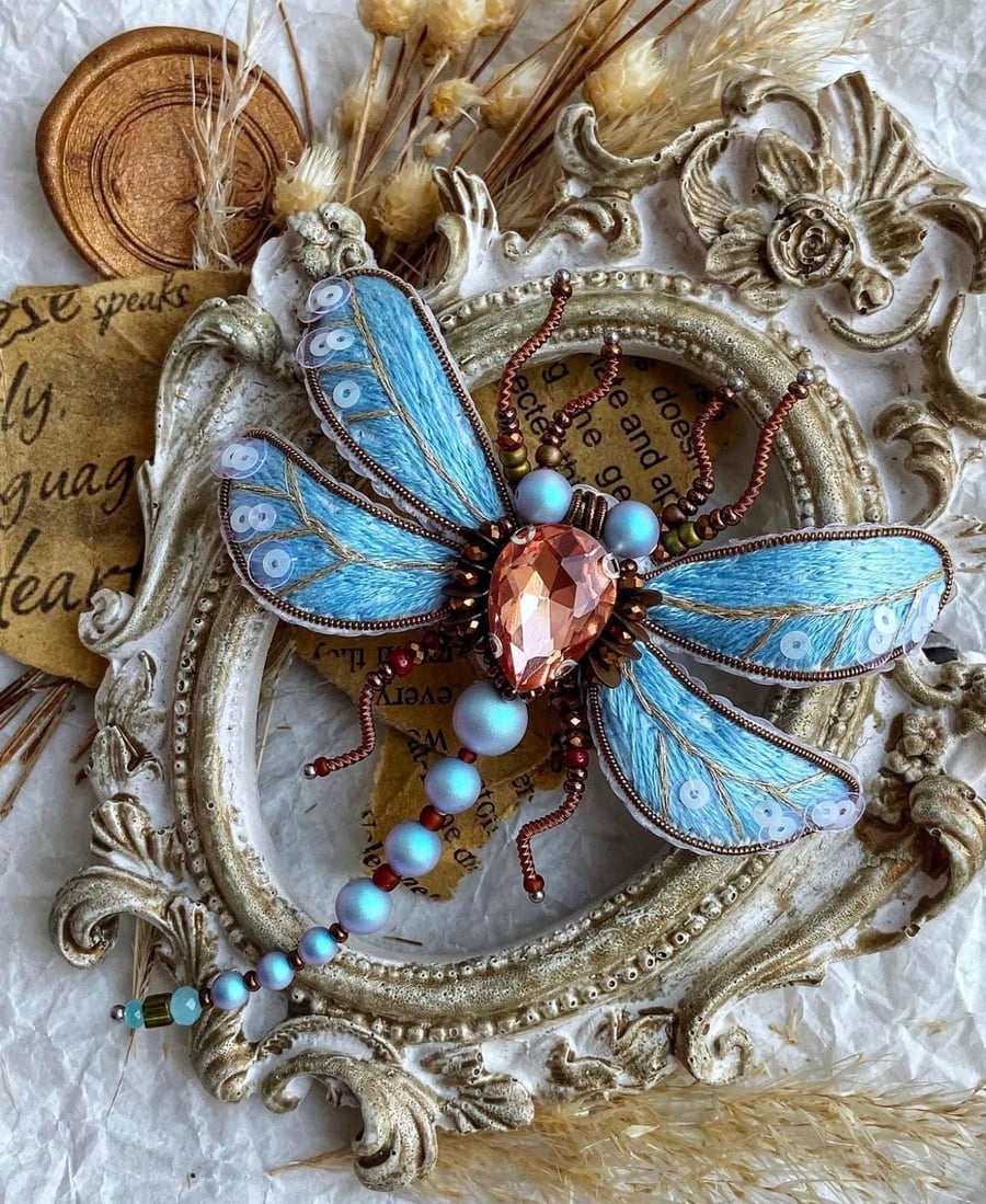 Handmade Blue Dragonfly Brooch with Beads and Crystals, Embroidered Insect Pin, 