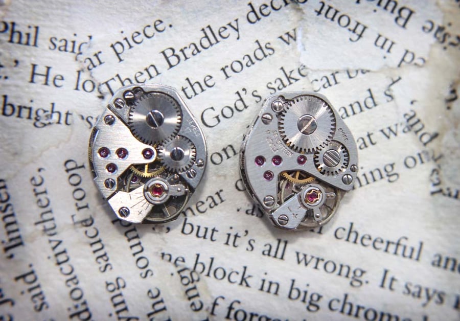 Steampunk Watch Movement Crystal Silver Stud Earrings