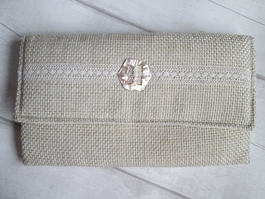 Cream Textured Clutch Bag with Vintage Lace and Mother of Pearl Buckle