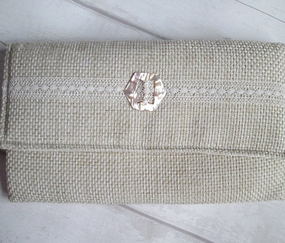 Cream Textured Clutch Bag with Vintage Lace and Mother of Pearl Buckle