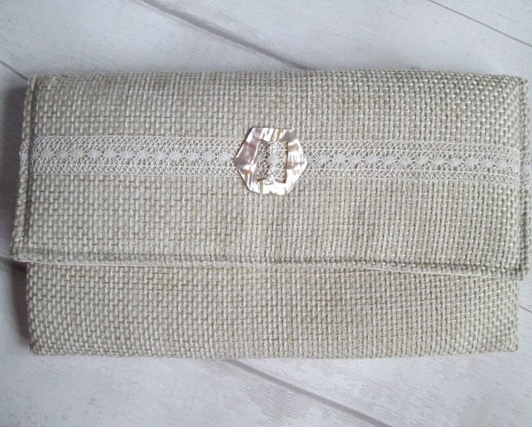 Cream Textured Clutch Bag with Vintage Lace and Mother of Pearl Buckle