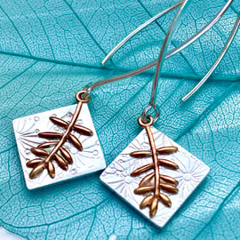 Fern Drop Earrings. Sterling With Copper Fern detail Gift Wrapped