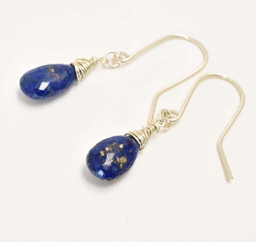 Gorgeous Dark Blue Lapis Lazuli Sterling Silver wrapped Briolette Earrings