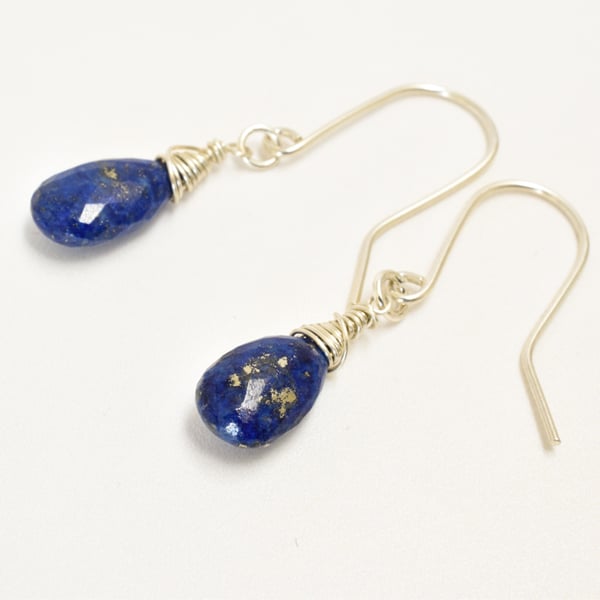 Gorgeous Dark Blue Lapis Lazuli Sterling Silver wrapped Briolette Earrings