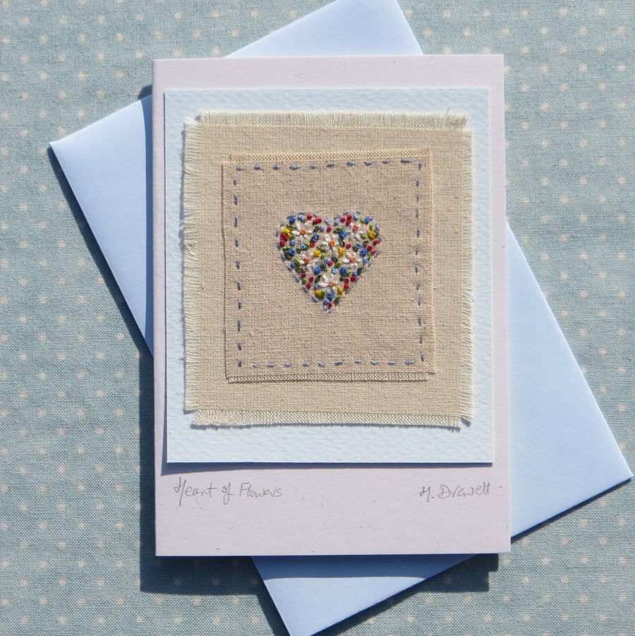 Delicately hand-stitched heart of flowers - a card to keep