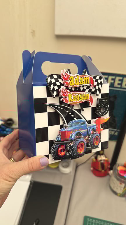 6 Personalised Racing Truck party boxes, party bags