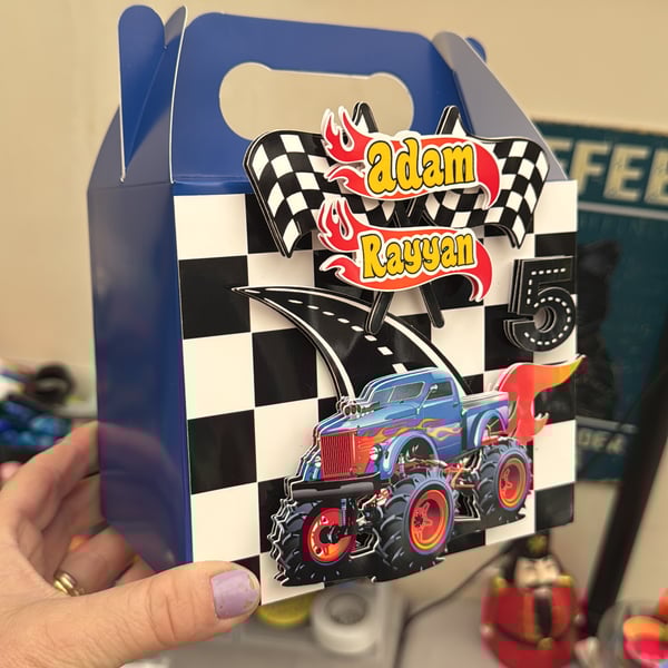 6 Personalised Racing Truck party boxes, party bags