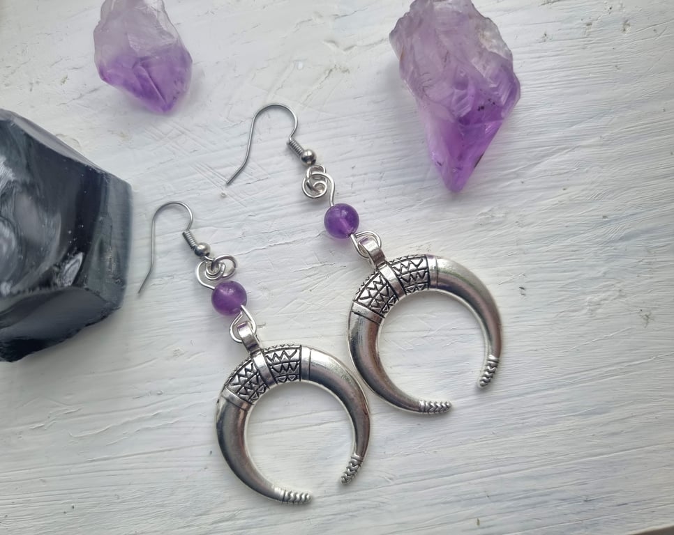 Moon Earrings Amethyst, silver jewellery, birthday gift for her.