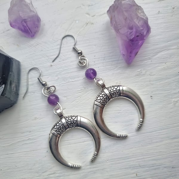 Moon Earrings Amethyst, silver jewellery, birthday gift for her.