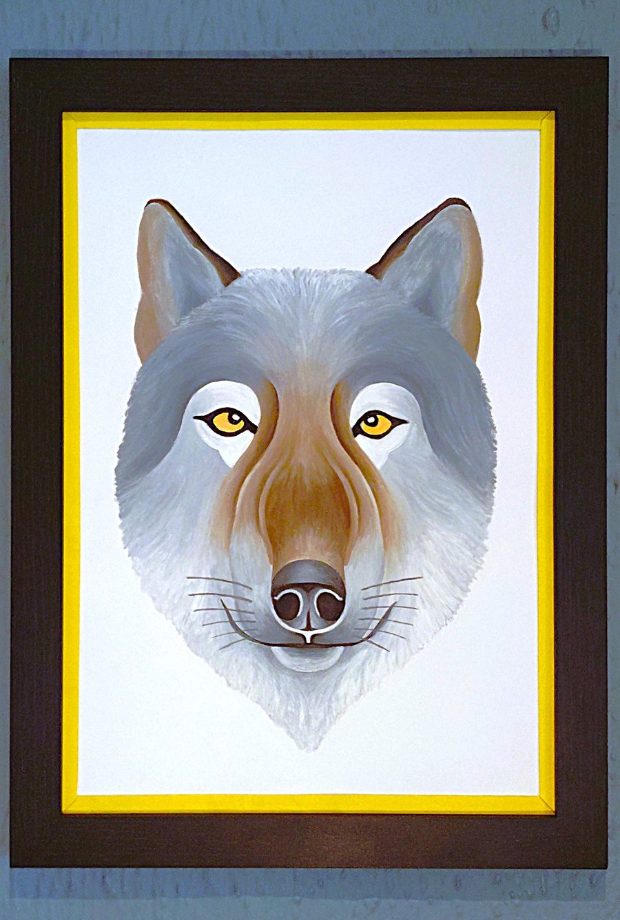 Handmade Unique Framed A3 Print Wolf Portrait Yellow Border Wallart Gift