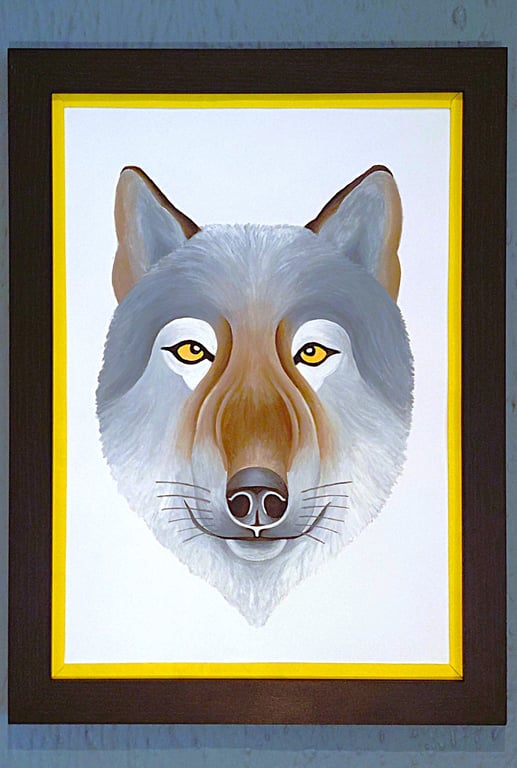 Handmade Unique Framed A3 Print Wolf Portrait Yellow Border Wallart Gift