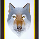 Handmade Unique Framed A3 Print Wolf Portrait Yellow Border Wallart Gift