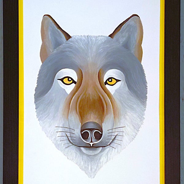 Handmade Unique Framed A3 Print Wolf Portrait Yellow Border Wallart Gift