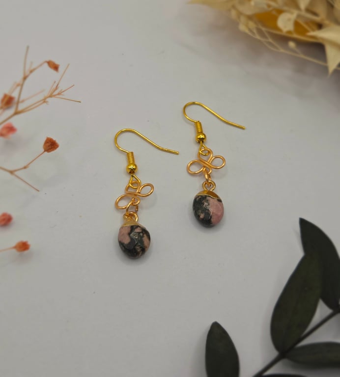 Handmade Dainty Pale Gold Pink Rhodonite Gemstone Dangle Earrings