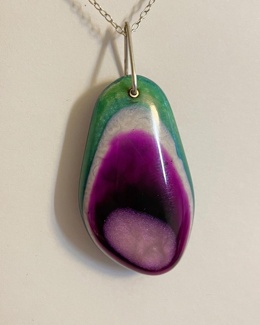 Watermelon tourmaline pendant in resin, handcrafted, one of a kind