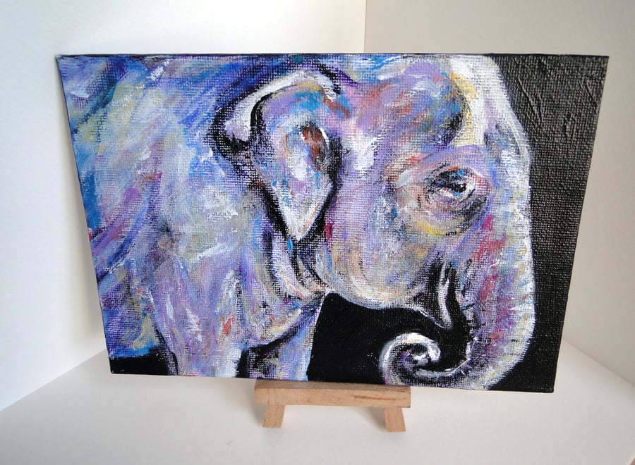 Animal Art Happy Elephant Original Acrylic Painting on Canvas Board OOAK 