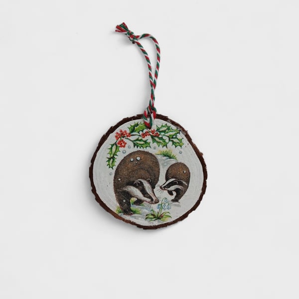 Rustic Badgers Round Wooden Christmas Decoration Tree Ornament