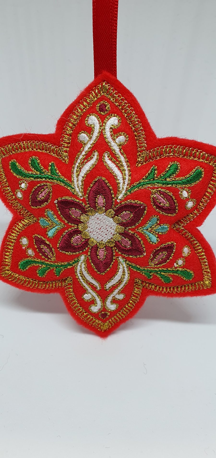 Embroidered felt decorations. Red.