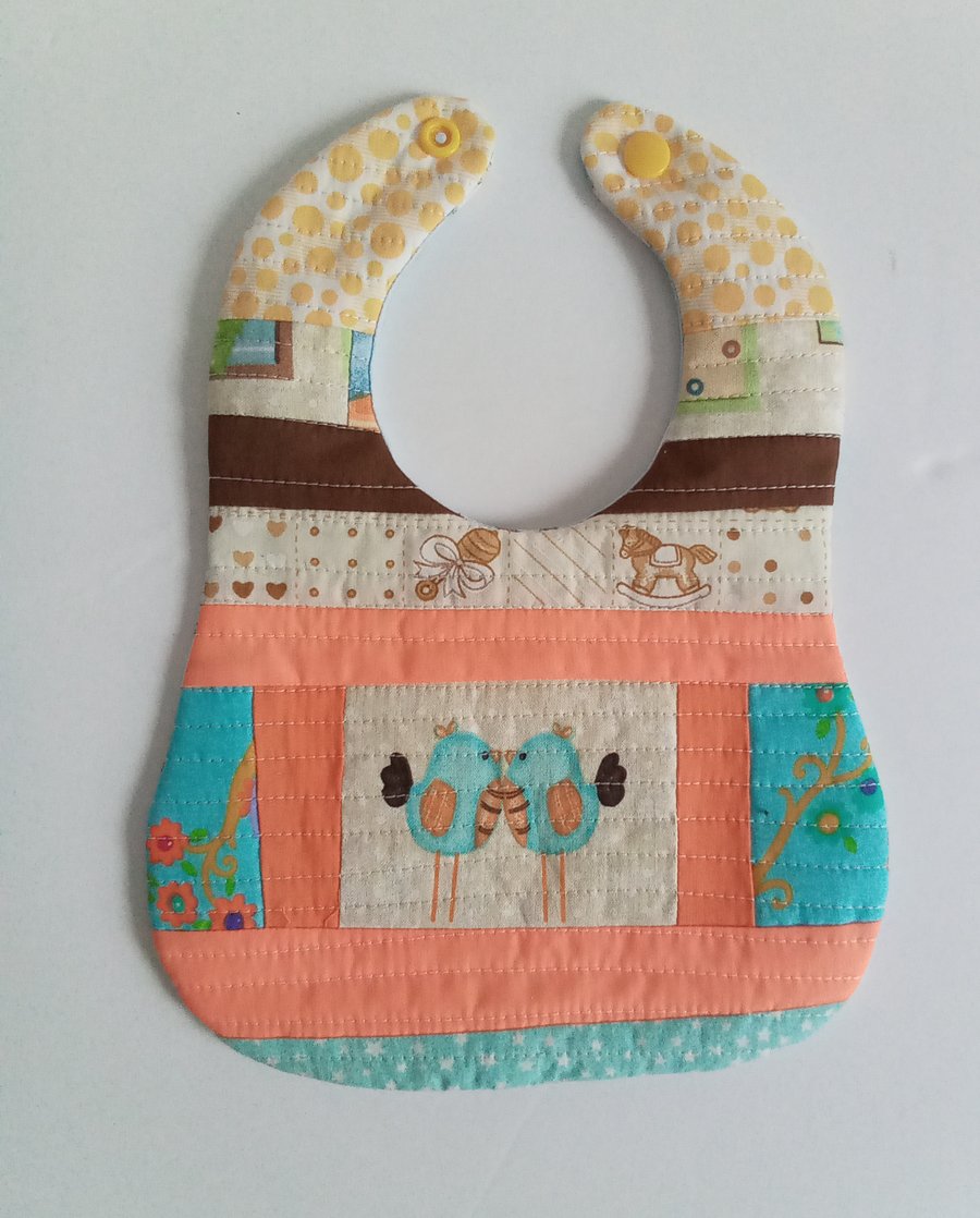 Bib for Newborn baby Patchwork quilted reversible bib, birds, baby shower gift