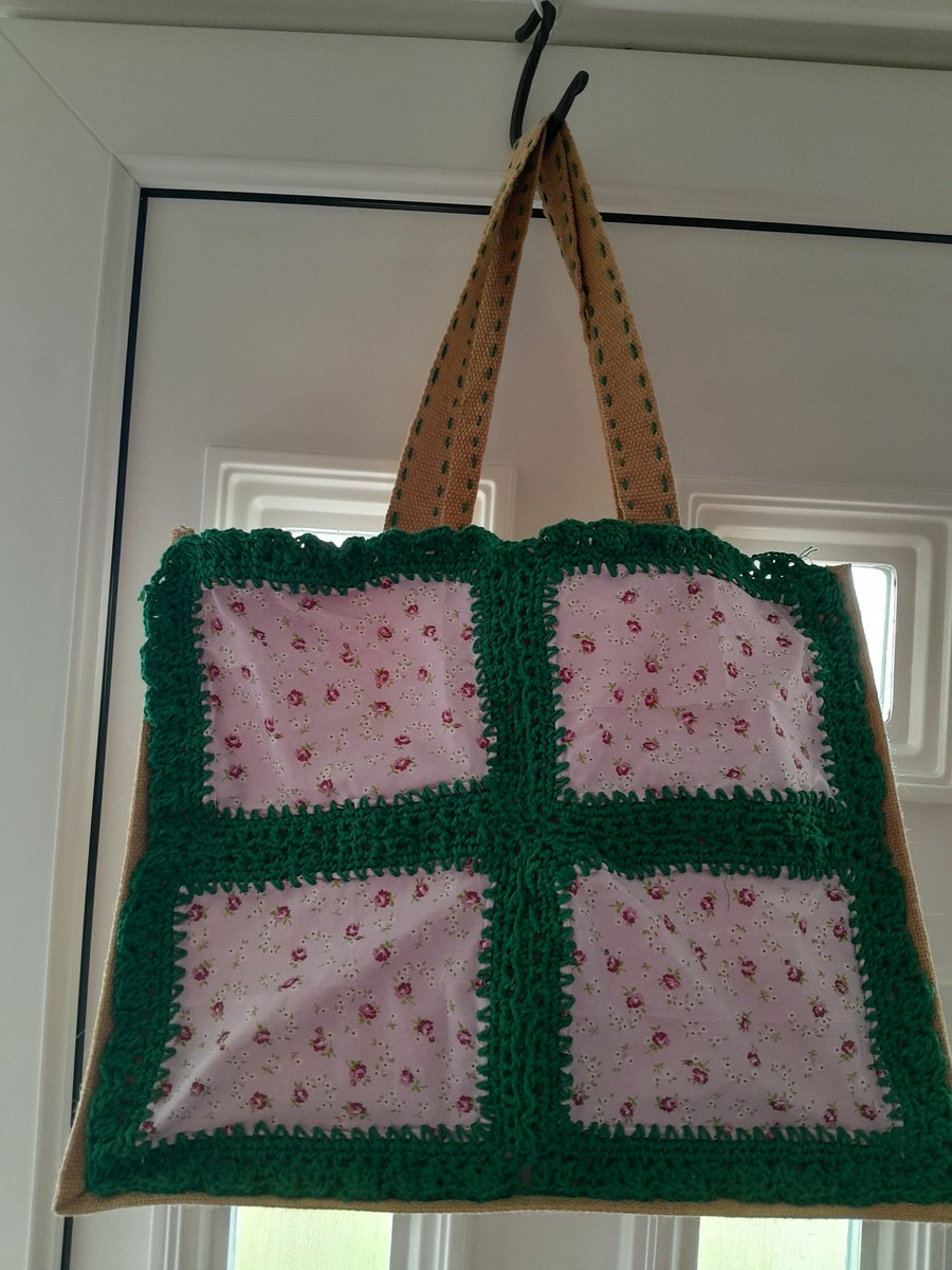 Crocheted Granny Square Jute Bag, Lunch Bag,  Shopping Bag, Gift Bag