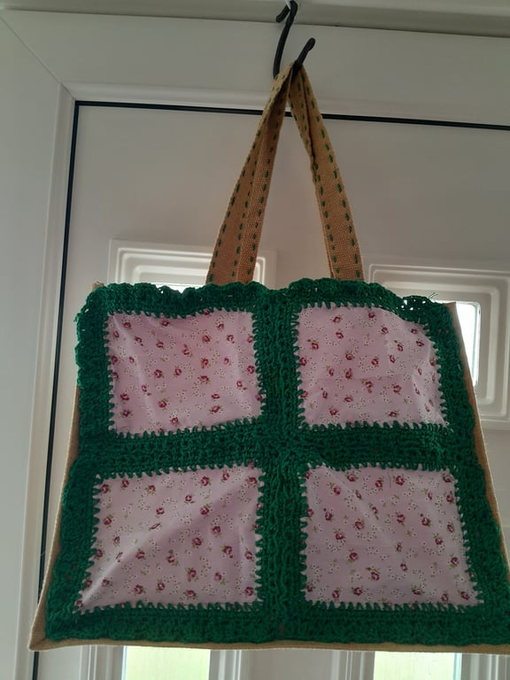 Crocheted Granny Square Jute Bag, Lunch Bag,  Shopping Bag, Gift Bag
