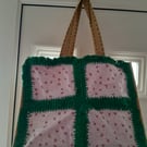 Crocheted Granny Square Jute Bag, Lunch Bag,  Shopping Bag, Gift Bag