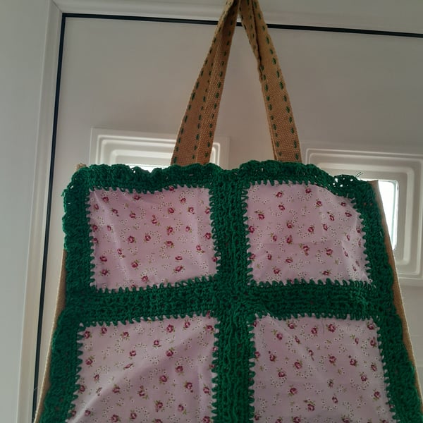 Crocheted Granny Square Jute Bag, Lunch Bag,  Shopping Bag, Gift Bag