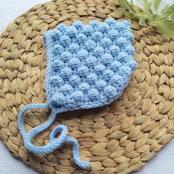 Crochet Bobble Pixie Bonnet, Hat Baby Blue 6-12 Months