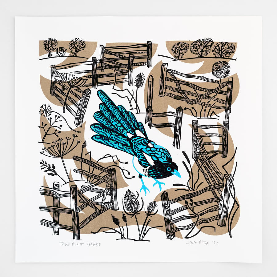 Take Flight Magpie hand printed linocut and screen print