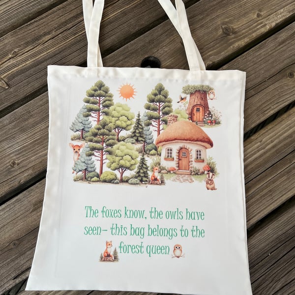 Forest Queen Tote Bag – Fox & Owl Woodland Scene – Eco-Friendly Cotton Shopper