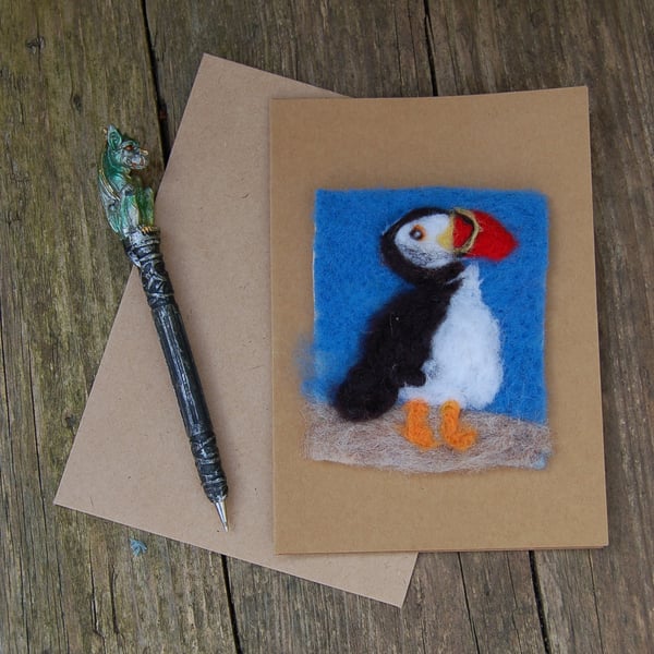  Puffin Needle felt card for any occasion wool card, wool painting, textile art