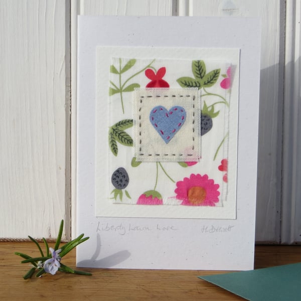 Hand-stitched heart card with cheerful Liberty tana lawn cotton background