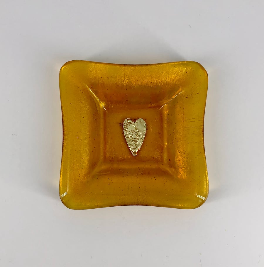 Fused Glass - Ochre Trinket Dish or Tea light holder with Brass Heart