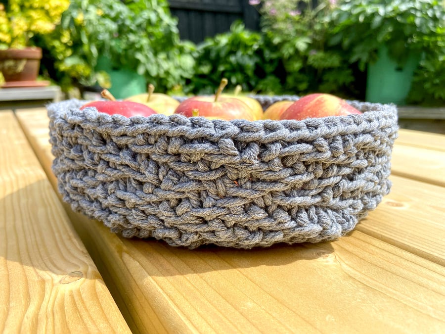 SOLD - Hand Knitted cotton fruit bowl - dark grey