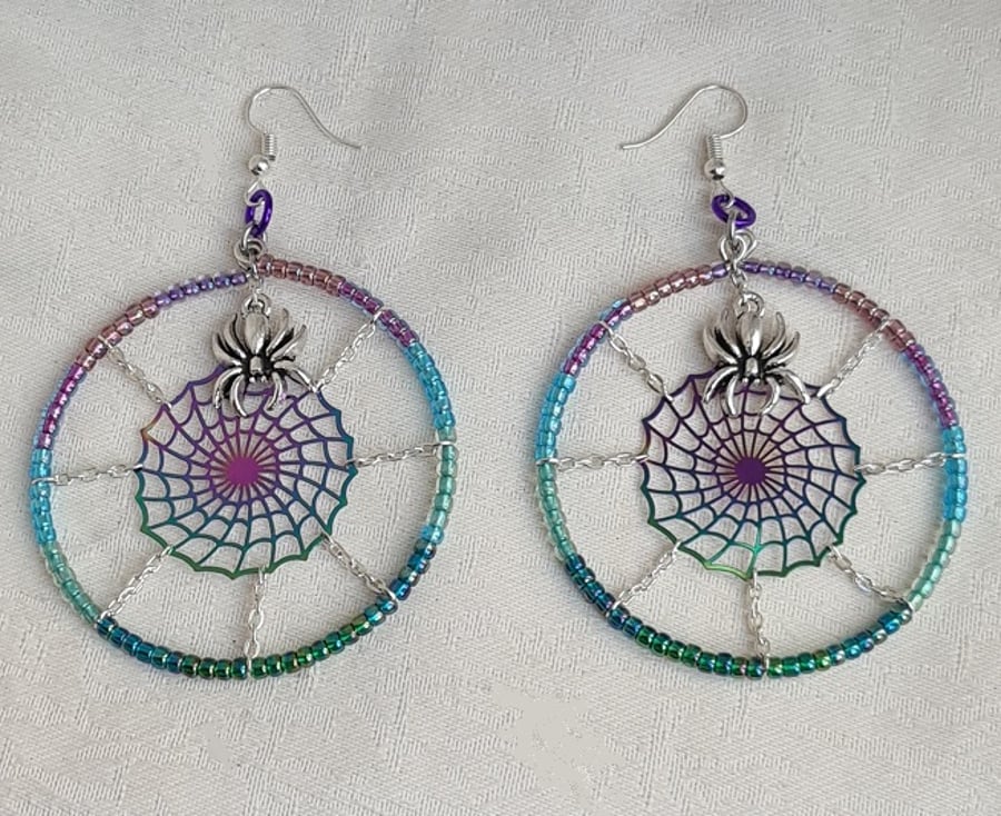 Creepy Cute Rainbow Spiderweb Beady Earrings